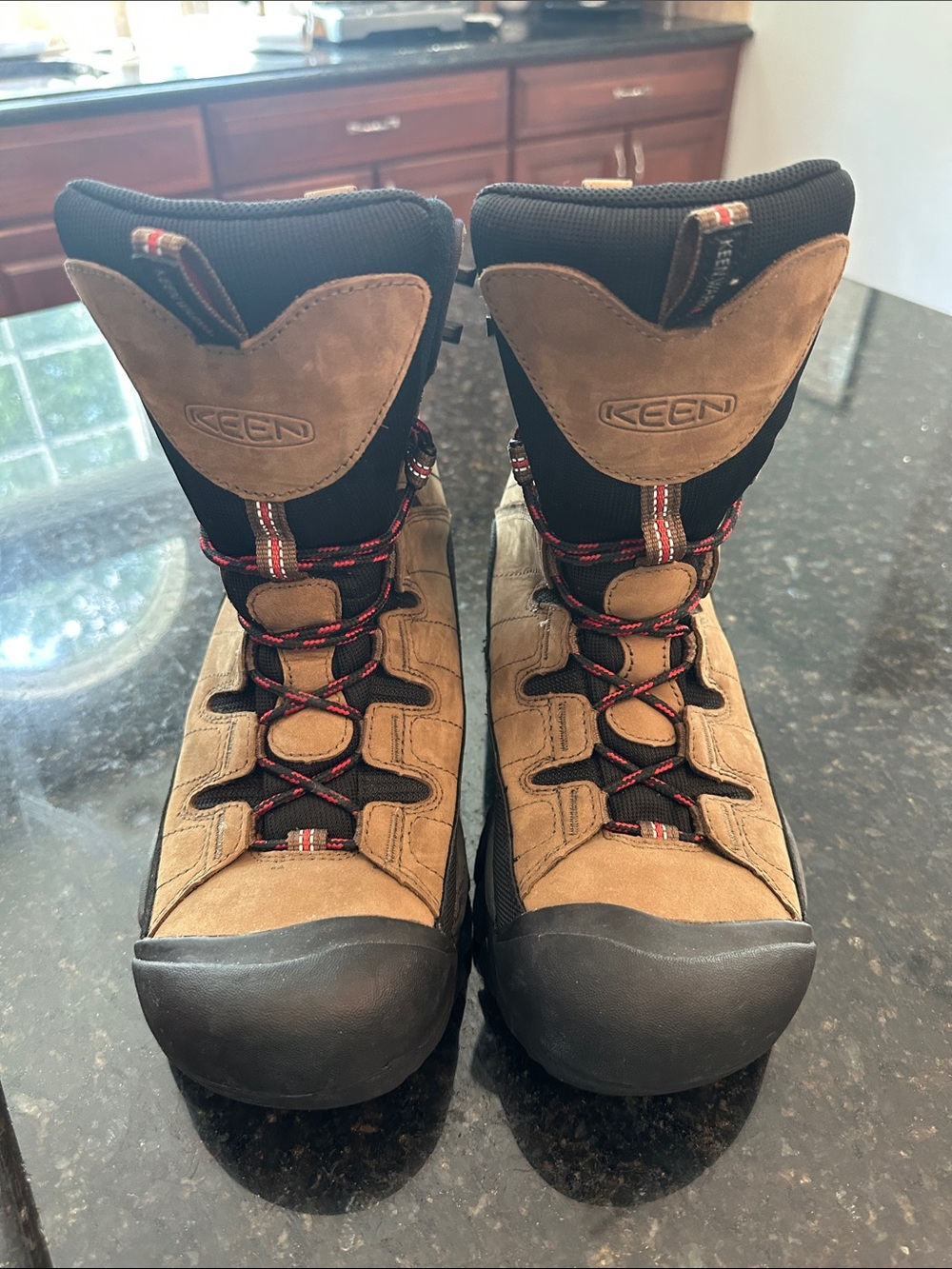 Keen Tan and Black Hiking Boots with Red-Accent Laces